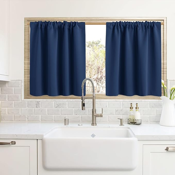 RYB HOME Cafe Blackout Curtains 24 inch Length, RV Curtains for Camper Windows, Mini Short Small Insulating Light UV Heat Blocking Privacy Half Window Tiers, Width 42 by Length 24, Navy Blue, 2 Panels