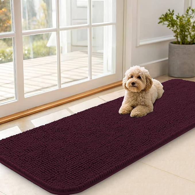 OLANLY Dog Door Mat for Muddy Paws 59x20, Absorbs Moisture and Dirt, Absorbent Non-Slip Washable Doormat, Quick Dry Chenille Mud Mat for Dogs, Entry Indoor Entryway Carpet for Inside Floor, Russet