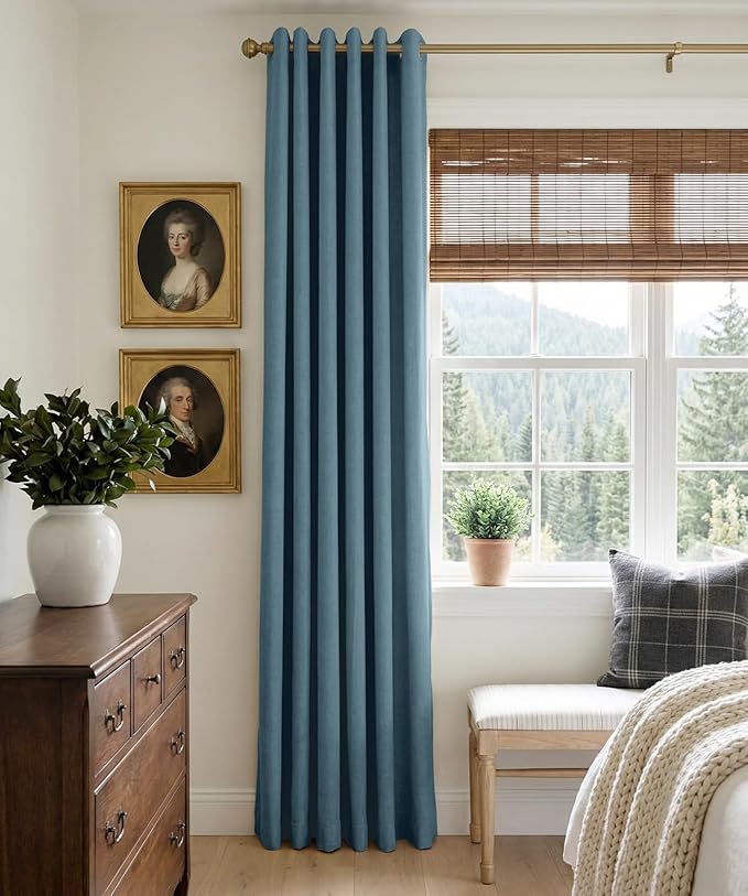100% Blackout Shield Linen Blackout Curtains for Bedroom, Stone Blue Grommet Curtains for Living Room, Thermal Insulated Room Darkening Drapes for Nursery, Boho Home Decor, 50" W x 84" L, 2 Panels