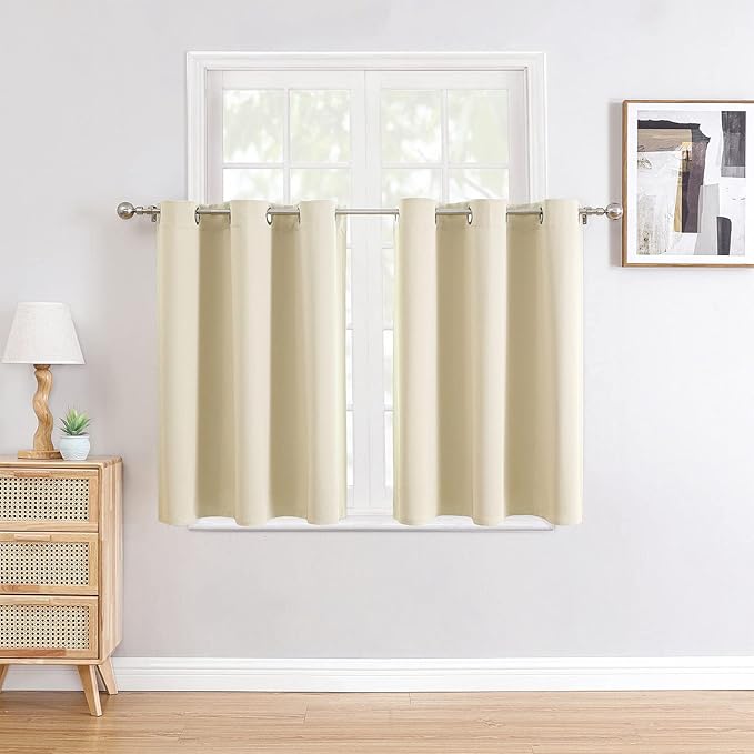 ChrisDowa Small Window Curtains for Kitchen and Bedroom - Grommet Short Thermal Insulated Room Darkening Curtains (2 Panels, Beige, 34 x 36 Inch)