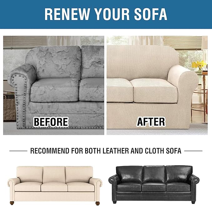 4 Piece Stretch Sofa Covers for 3 Cushion Couch Covers Furniture Slipcovers for Living Room (1 Base Cover Plus 3 Seat Cushion Covers) Thicker Jacquard Fabric Cover (XL Sofa, Natural)