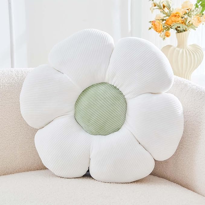 Throw Pillow, Velvet Daisy Flower Shape, 19.6 Inch White