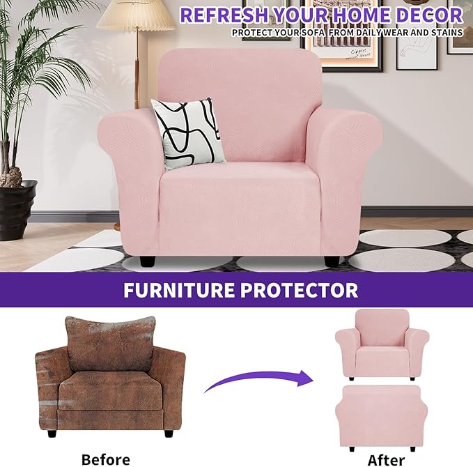 ZNSAYOTX Chair Cover with Arms (30"-47"), New Striped Sofa Chair Covers for Living Room, Dogs Pet Friendly Anti-Slip Chair Protector Spandex Armchair Slipcovers (Rose, Chair)