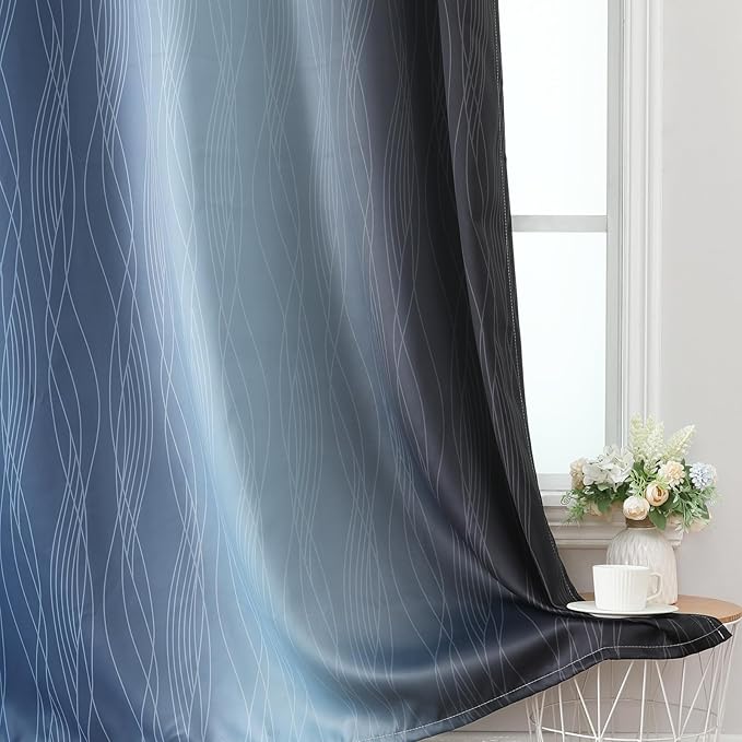 Estelar Textiler Navy Blue and Black Ombre Blackout Curtains 63 Inches Long, Full Room Darkening Grommet Curtains for Bedroom, Thermal Insulated Light Blocking Gradient Drapes, 42Wx63L, 2 Panels