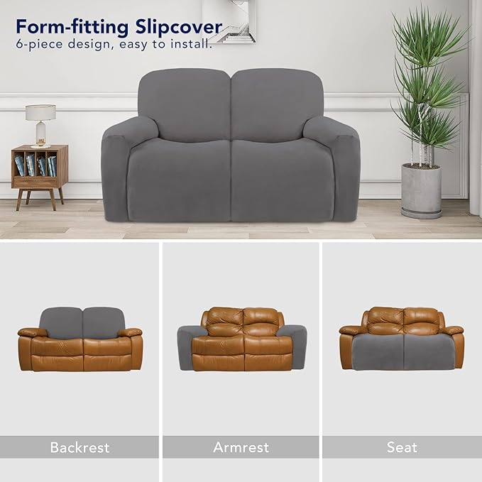 PureFit Super Stretch Loveseat Recliner Sofa Couch Cover with Pocket – 2 Seats Non Slip Soft Sofa Slipcover, Washable Reclining Furniture Protector for Pets (Recliner Loveseat, Light Gray)