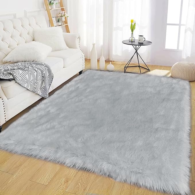 Latepis Grey Rugs for Living Room Shag 6x8 Faux Fur Sheepskin Rug for Sofa Bedroom Fluffy Washable Furry Plush Rugs, Rectangle
