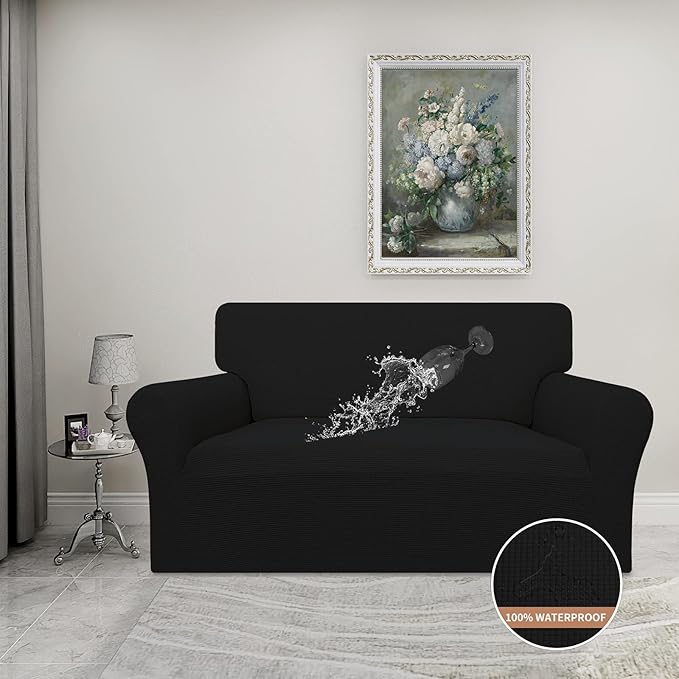 Easy-Going 100% Waterproof Oversized Loveseat Couch Cover, Dual Waterproof Sofa Cover, Stretch Jacquard Sofa Slipcover, Leakproof Furniture Protector for Kids, Pets, Dog and Cat, Black