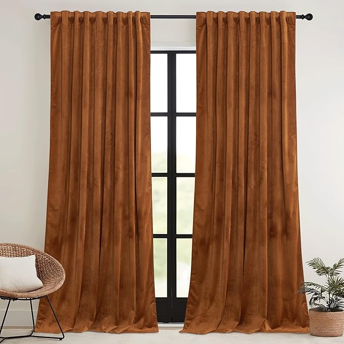 RYB HOME Velvet Curtains 108 inch, Room Darkening Window Curtains for Living Room Thermal Insulated Privacy Backdrop with Back Tab Loop for Bedroom, Golden Oak, W52 x L108 inch, 2 Panels