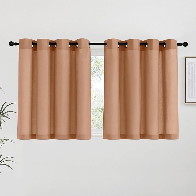 NICETOWN Burnt Orange Linen Kitchen Curtains 36 inch Length, Decorative Thick Flax Small Window Treatments Privacy Assured with Light Filtering for Bedroom/Bathroom, W55 x L36, 2 Panels