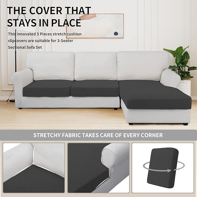 Easy-Going Stretch 3 Pieces Couch Cushion Covers for Sectional Sofa Left/Right L Shape Chaise Lounge Sofa Seat slipcover Anti-Slip Sofa Cover Soft (2 Seater + 1 Chaise, Dark Gray)