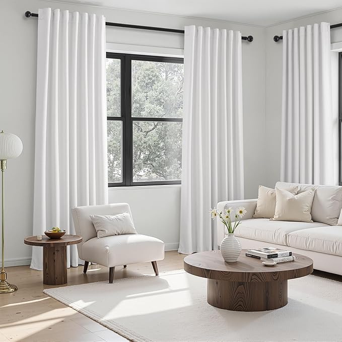 Beige White Linen blackout curtains 84 inch long 2 Panels 100% Black out Linen texture Curtain ivory Window Drapes with Back Tab Rod Pocket Sun Blocking Noise Insulated Curtain for Bedroom Living Room