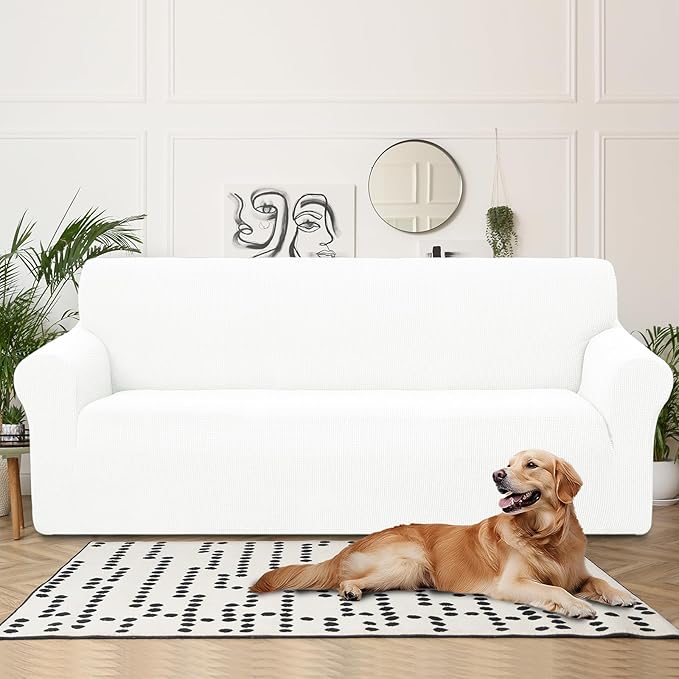 U-NICE HOME 4 Seater Stretch Couch Cover Sofa Cover Washable Sofa Slipcover Furniture Protector for 3 Cushion Couch Sofa Pet Friendly, Ivory White