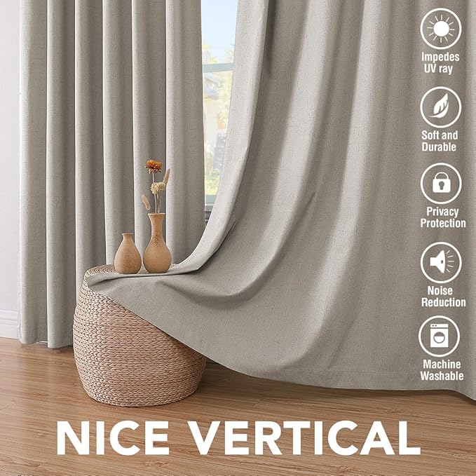 H.VERSAILTEX Linen Curtains 100% Blackout Curtains for Bedroom 102 inch Long Full Light Blocking Nature Linen Blended Window Curtains for Living Room Nickel Grommet (2 Panels, Stone)