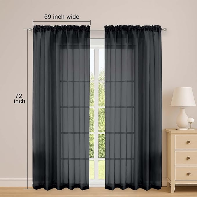OWENIE Black Sheer Curtains 72 Inches Long 2 Panels Set, Transparent Voile Sheer Curtain for Living Room Bedroom Window Sliding Glass Door Treatment, 59 x 72 Inch, Black
