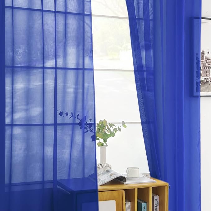 SpaceDresser Sheer Voile Window Treatment Rod Pocket Curtain Panels for Kitchen Bedroom Living Room Drapes Sunlight Filtering Privacy Semi Home Decor Assorted Colors Sizes (Sapphire, 52 W x 45 L)
