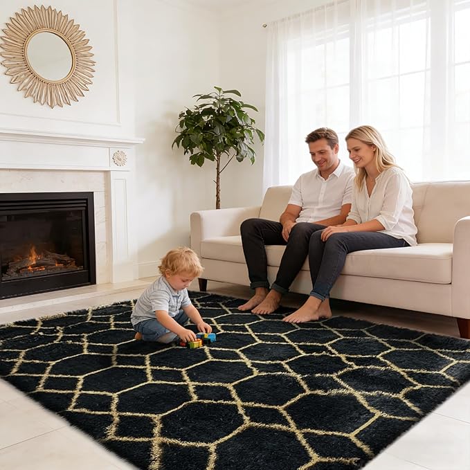 8x10 Fluffy Area Rugs for Living Room,Shag Area Rug for Bedroom,Geometric Soft Fuzzy Rug Non-Shedding Indoor Plush Carpet for Kids Bedroom Nursery Home Decor,Black and Gold