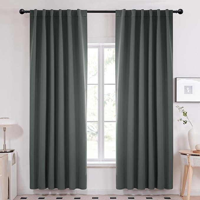 Deconovo Long Blackout Patio Door Curtains Back Tab and Rod Pocket Thermal Insulated Room Darkening Curtains for Window 52Wx108L Inch Dark Grey 2 Panels