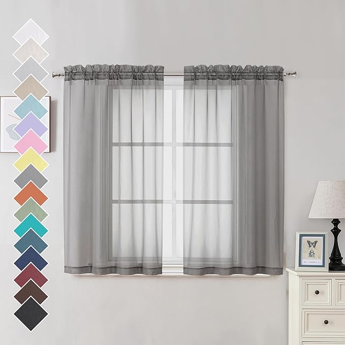 OVZME Voile Sheer Curtains with Decorative Rod Pocket, Modern Airy and Clean Selvedge Window Treatment Panels for Kitchen Room, Each 42" W x 45“L, Set of 2 Panels, Charcoal Grey.
