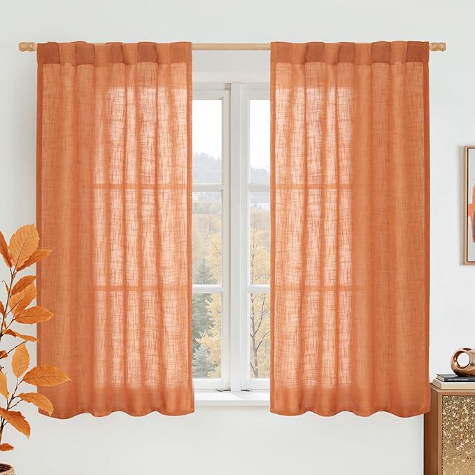 LAMIT Burnt Orange Linen Curtains 45 Inch Length 2 Panels, Light Filtering Panels Back Tab and Rod Pocket Country Decor Drapes for Kitchen/Window/Loft Room/Bedroom, 34 x 45 Inch