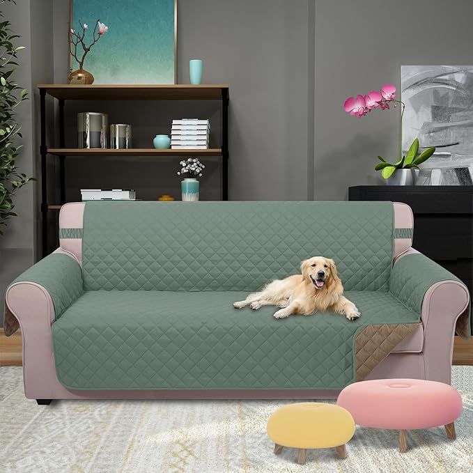 U-NICE HOME Large Sofa Cover Reversible Couch Cover for Dogs with Elastic Straps Water Resistant Furniture Protector for Pets Couch Cover for 4 Cushion Couch (Oversized Sofa, Greyish Green/Taupe)