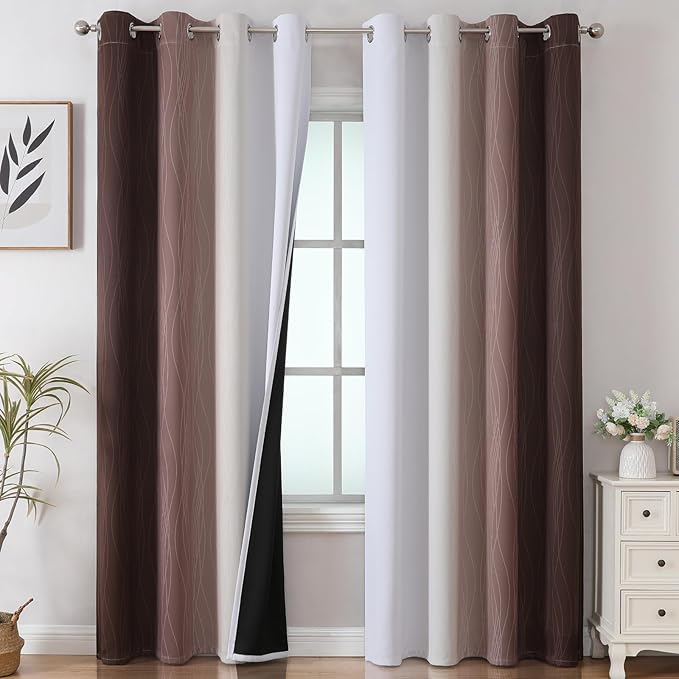 Estelar Textiler Brown and Greyish White Ombre Blackout Curtains 90 Inch Length 2 Panels Set, Thermal Insulated Grommet Drapes for Bedroom,Full Room Darkening Gradient Curtains for Living Room,52Wx90L