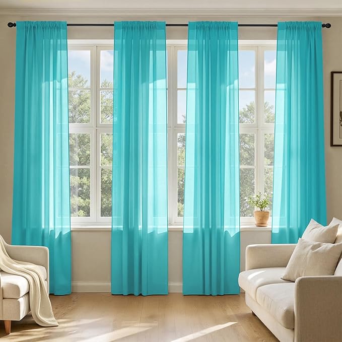 MIULEE Turquoise Sheer Curtains 90 Inches Long, 4 Panels Set, Light Filtering Rod Pocket Voile Drapes for Living Room and Bedroom, Airy Soft Fabric Window Treatments, 42 x 90 Inches