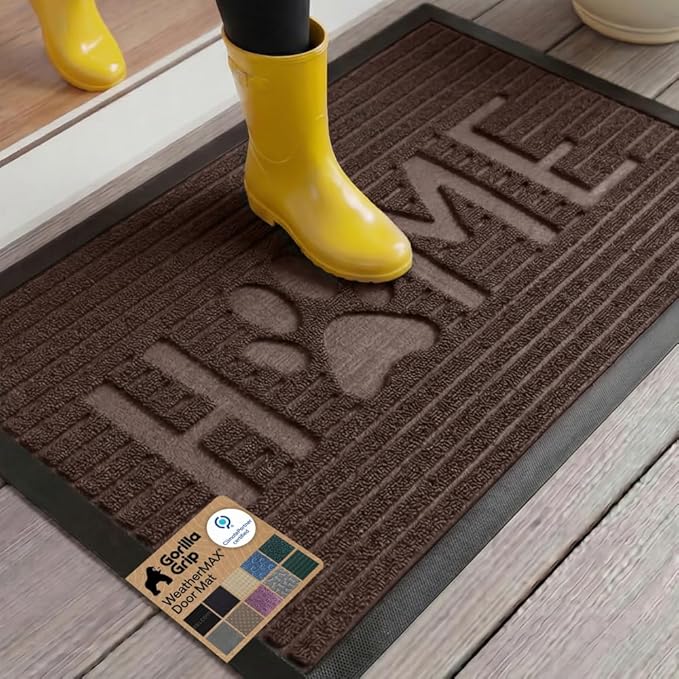 GORILLA GRIP 100% Waterproof All-Season WeatherMAX Doormat 35x23, US Designed Natural Rubber, Stain and Fade Resistant, Low Profile Indoor Outdoor Door Mats, Easy Clean Patio Mat, Espresso Home Paw