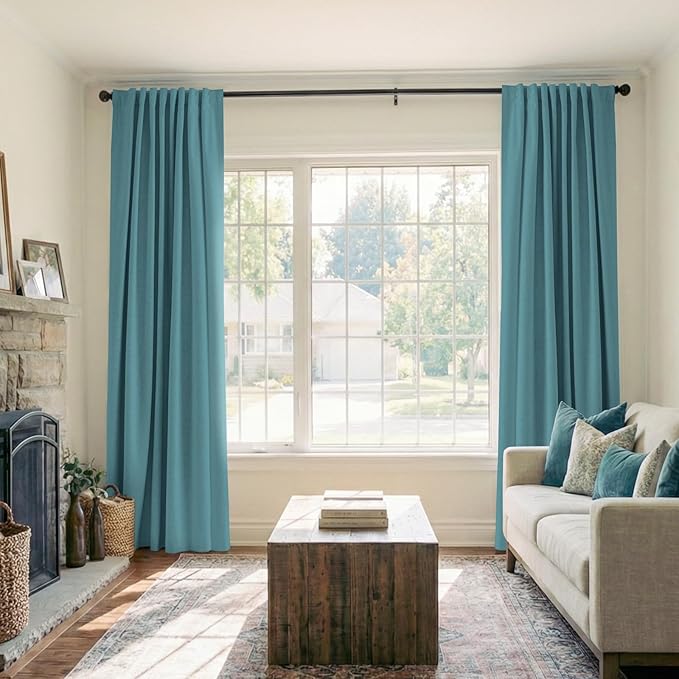 100% Blackout Shield Linen Blackout Curtains for Bedroom 108 Inches Long, Back Tab/Rod Pocket Living Room Drapes, Thermal Insulated Blackout Curtains 2 Panels Set, 50" W x 108" L, Dark Cyan