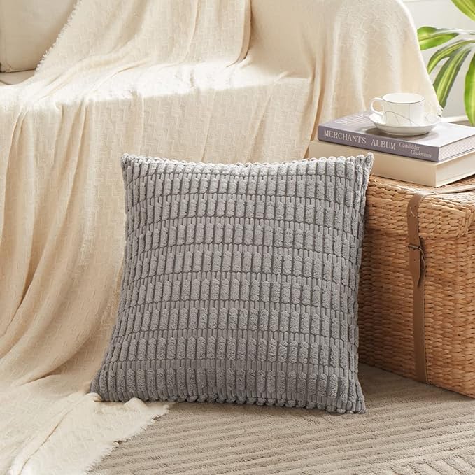 Fancy Homi 4 Packs Grey Decorative Throw Pillow Covers 18x18 Inch for Living Room Couch Bed, Rustic Modern Farmhouse Boho Home Decor, Soft Plush Corduroy Cute Accent Square Gray Cushion Case 45x45 cm