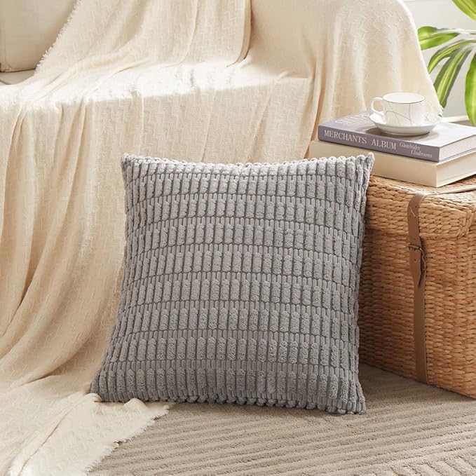 Fancy Homi 4 Packs Grey Decorative Throw Pillow Covers 24x24 Inch for Living Room Couch Bed, Rustic Modern Farmhouse Boho Home Decor, Soft Plush Corduroy Gray Cute Square Accent Cushion Case 60x60 cm