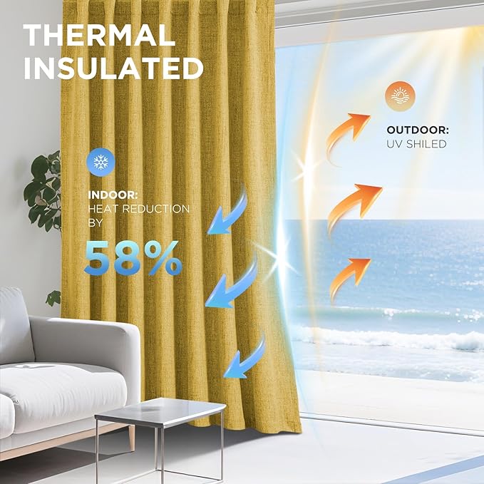Joydeco Blackout Curtains for Bedroom - 100% Light Blocking 2 Panels Set Yellow Drapes 42"W x 108"L, Thermal Insulated Room Darkening Curtains, Linen Textured for Living Room, Rod Pocket & Back Tabs
