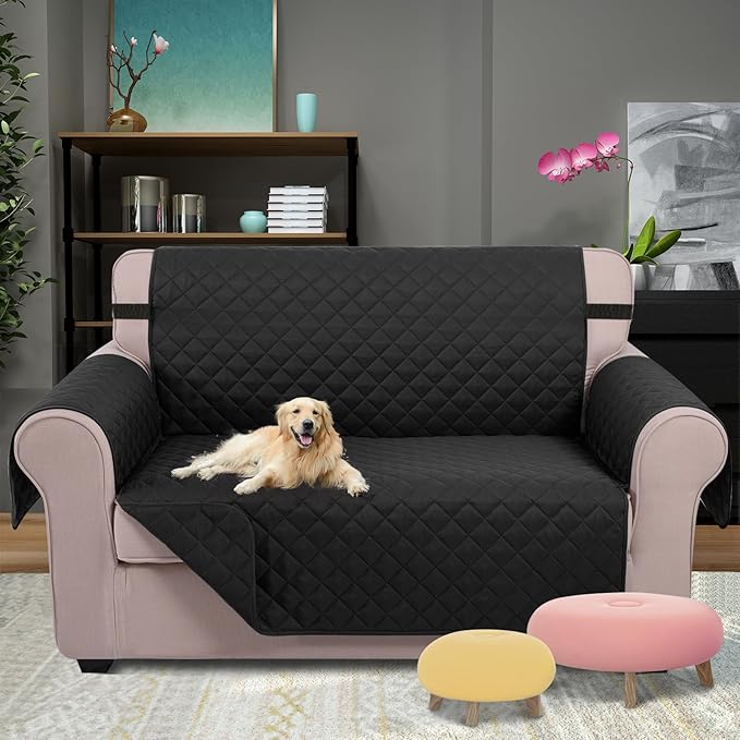 U-NICE HOME Loveseat Sofa Cover Reversible Couch Cover for Dogs with Elastic Straps Water Resistant Furniture Protector for Pets Couch Cover for 2 Cushion Couch (Loveseat, Black/Balck)