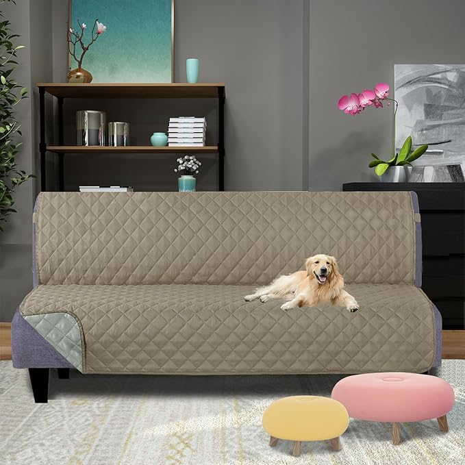 U-NICE HOME Reversible Futon Cover Sofa Slipcover Armless Furniture Protector Couch Cover Water Resistant, Khaki/Light Grey