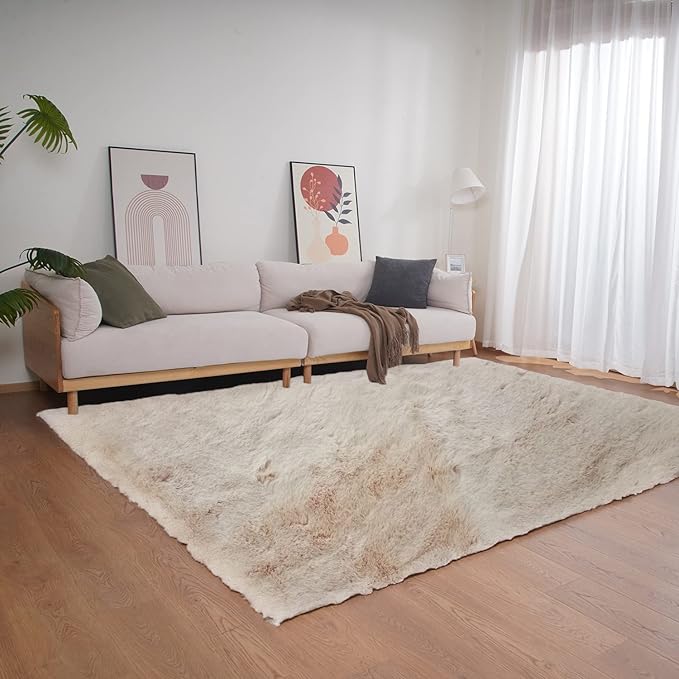 Ghouse Ultra Soft Faux Rabbit Fur Rug 5x7, Machine Washable Area Rugs for Bedroom Fluffy Rugs for Living Room, no-Shedding Carpet Sheepskin Rug Light Brown Beige