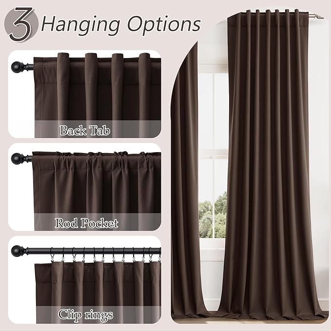 Guken Brown 100% Blackout Curtains 63 Inch Length 2 Panels Set for Living Room Bedroom Back Tab Thermal Insulated Black Out Linen Drapes Room Darkening Window Curtains 52 Inches Width