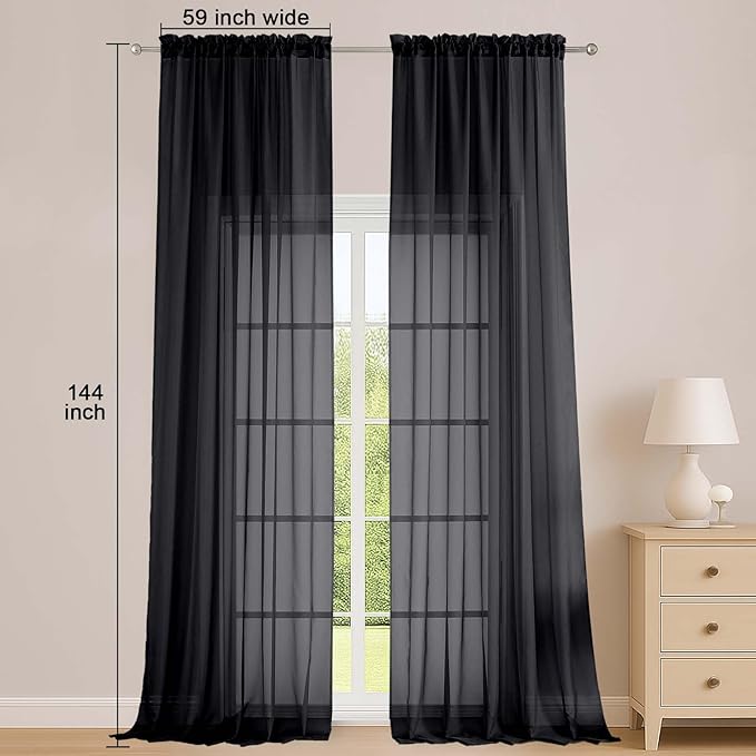 OWENIE Extra Long Black Sheer Curtains 144 inch 2 Panels Set, Translucent Backdrop Window Scarf Drapes for Canopy Bed/Wedding/Living Room/Anniversary, 12FT Length, Each 59Wx144L in, 2PCS