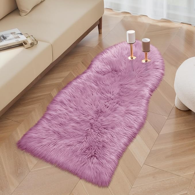 Ciicool Ultra Soft Faux Sheepskin Fur Rug Fluffy Chair Rug for Sofa Couch Seat Cushion.Shaggy Furry Small 2x4 Light Purple Bedroom Fuzzy Carpet for Living Room Kid's Room Nursery Decor