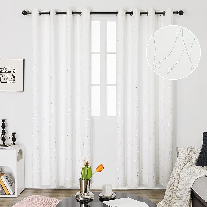 Deconovo White Curtains, Room Darkening Curtain, Thermal Insulated Noise Reduced Drapes, Wave Dots Silver Print, 52 x 95 Inch Long, Grommet Top, Window Panels for Living Room Bedroom Nursery, Set of 2