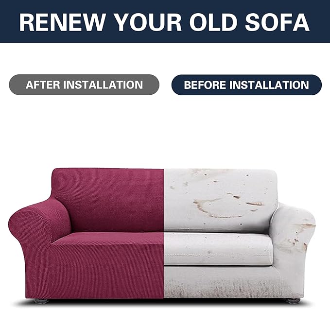 Cupuamon 2026 New Stretch Sofa Slipcovers Couch Cover for 3 Cushion Furniture Protector Sofa Covers with Elastic Bottom Jacquard Fabric Small Checks for Pets, Kids -Sofa, Wine