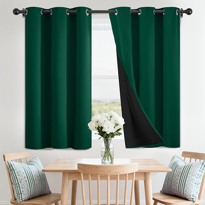 SimpleHome 100% Blackout Curtains for Bedroom,Thermal Insulated Dark Green Grommet Window Drapes Room Darkening Curtains for Living Room with Black Back,42 x 36 Inch,2 Panels