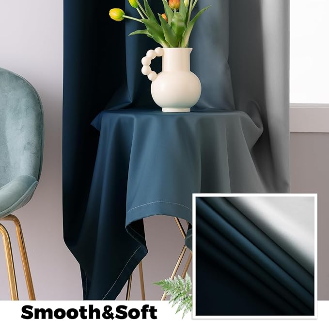 Yakamok 100% Blackout Curtains 84 Inch Length 2 Layers,Navy Blue Curtains for Bedroom Ombre Room Darkening Grommet Gradient Drapes, Light Blocking Thermal Insulated Window Curtains for Living Room