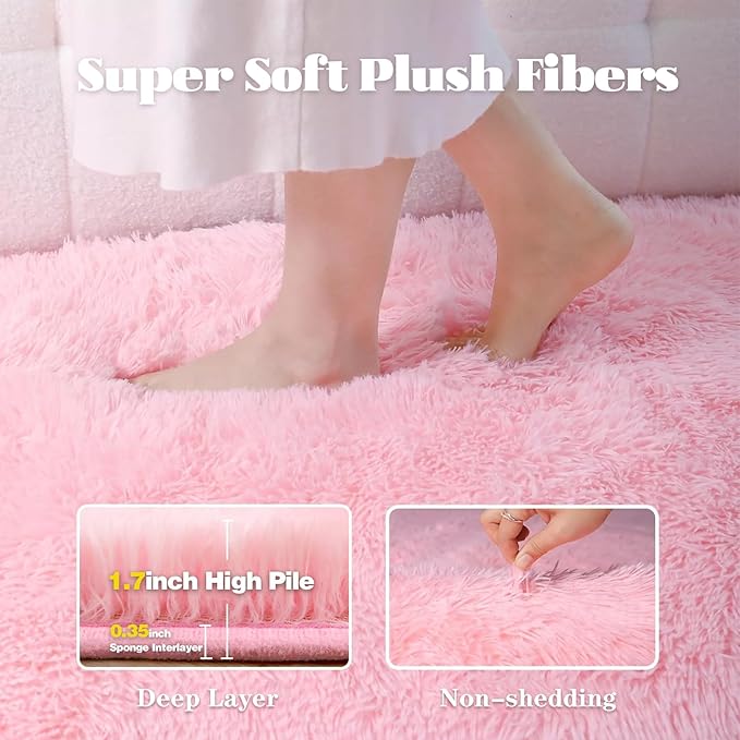 Pink Round Rugs for Bedroom: 4ft Circle Fluffy Shag Soft Washable Rug Small Fuzzy Plush Indoor Carpet for Kids Girls Boys Nursery Dorm Classroom (Pink, 4'x4')