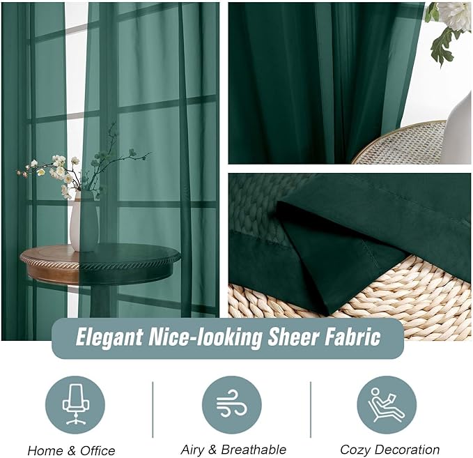 Green Sheer Curtains 90 Inches Long 2 Panels, Light Filtering Solid Sheer Curtains for Christmas, Lightweight Soft Airy Voile Sheer Drapes, Dual Rod Pocket, Hunter Green, 2x42Wx90L Inches
