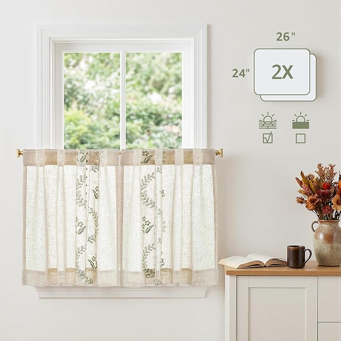 jinchan Belrose Linen Floral Kitchen Curtains 24 inch Length Embroidered Farmhouse Cafe Curtains for Living Room Bathroom Small Windows Curtain Set Sheer Light Filtering 2 Panels Sage Green