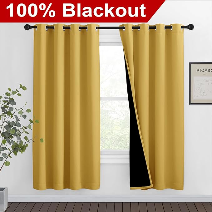 NICETOWN Bright Yellow Full Shade Curtain Panels, Pair of Thermal Insulated & Energy Efficiency Blackout Drapes for Living Room Windows, Lined Silky Performance Window Dressing (46" Wide x 72" Long)