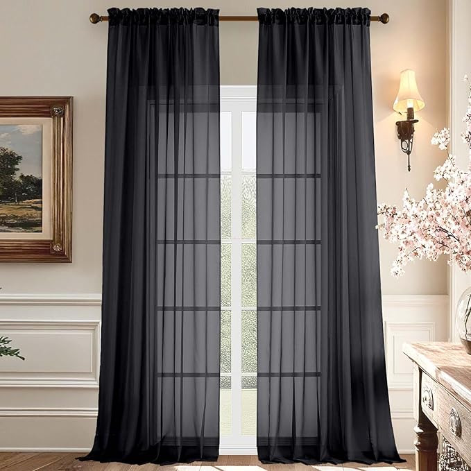Aiyufeng Sheer Black Curtains 120 Inches Long, Extra Long Rod Pocket Solid Color Window Sheer Curtain Panels, Elegant Curtains & Drapes for Living Room, Bedroom 2 Panels (Black, 59" W x 120" L)
