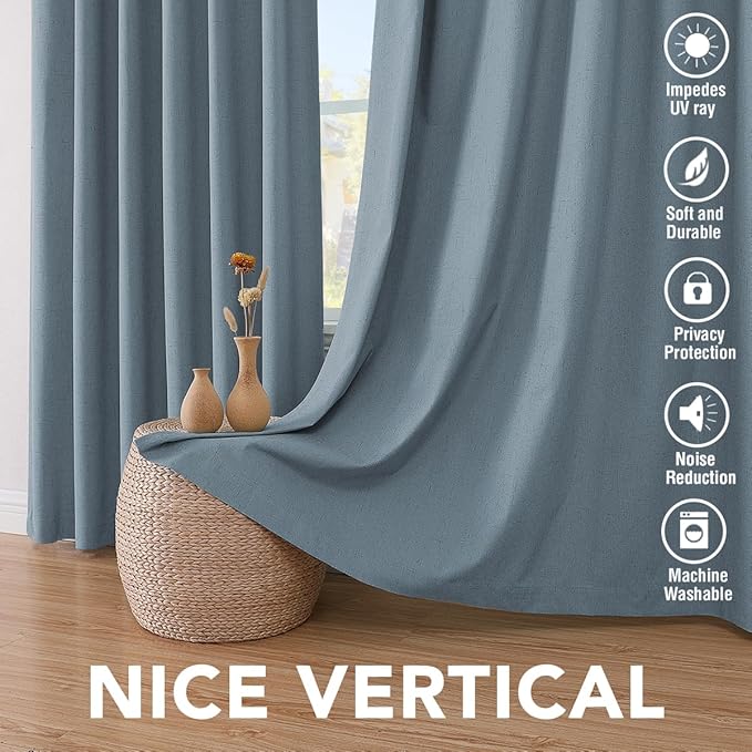 H.VERSAILTEX Linen Blackout Curtains 72 Inches Long 100% Blackout Thermal Insulated Textured Linen Look Curtain Draperies Anti-Rust Grommet, Energy Saving with White Liner, 2 Panels, Stone Blue