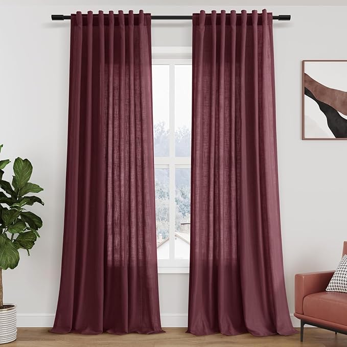 Nanspring Burgundy Linen Curtains for Living Room 105 Inches Long Light Filtering Semi Sheer Curtain Back Tab Vintage Boho Decor Elegant Luxury Drapes for Bedroom Dinner Room 52x105, 2 Panels