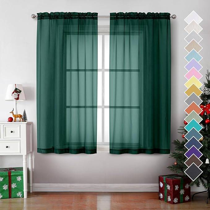 OVZME Hunter Green Sheer Curtains 63 Inches Long 2 Panels - Soft Light Filtering Window Sheer Panels for Living Room/Bedroom, Top Dual Rod Pocket, 1 Pair, Each 42Wx63L Inches