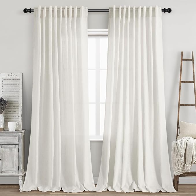 Nanspring Beige White Linen Curtains 96 Inches Long for Living Room Bedroom Light Filtering Privacy Coastal Decor Curtains Back Tab and Rod Pocket Curtain for Office Dinner Room 70x96, 2 Panels